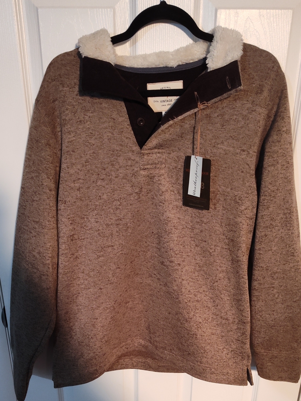 Weatherproof Men’s Tan-Brown Crewneck Sweater with Sherpa Trim